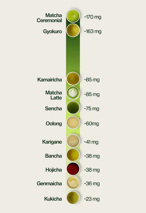 Caffeine level chart of Japanese teas per 5 g serving, from lowest to highest: Kukicha ~23 mg, Genmaicha ~36 mg, Hojicha ~38 mg, Bancha ~38 mg, Karigane ~41 mg, Oolong ~60 mg, Sencha ~75 mg, Matcha Latte ~85 mg, Kamairicha ~85 mg, Gyokuro ~163 mg, Matcha Ceremonial ~170 mg.