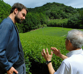 Nio Teas' CEO in a blue jacket stands outdoors talking to an older man in a white shirt, with a lush green tea plantation and forested hills in the background.