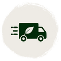 A dark green delivery truck icon with a leaf on its side, centered inside a circular beige background with a rough textured border.