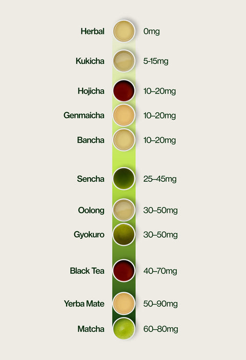 A horizontal color chart showing herbal tea extract concentrations in mg, with circular swatches ranging from pale yellow-green to dark green and red, labeled on a light beige background.