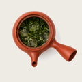 A terracotta-colored ceramic teapot filled with green tea leaves and ice cubes, photographed from a top-down view on a light beige background.