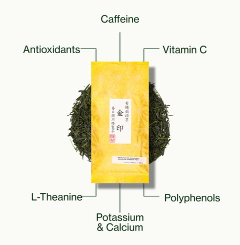 Nio Teas Golden Sencha Yabukita Kasugaen pack of loose leaf tea, labelled with caffeine, antioxidants, polyphenols, vitamin C, L-theanine, and potassium and calcium
